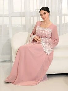 Yasmyna Women's Lace Patchwork Ruffle Casual Party Outing Arabic Style Dress - Pink - View 5