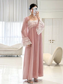 Yasmyna Women's Lace Patchwork Ruffle Casual Party Outing Arabic Style Dress - Pink - View 9