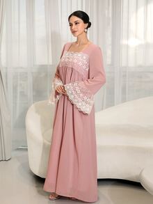 Yasmyna Women's Lace Patchwork Ruffle Casual Party Outing Arabic Style Dress - Pink - View 4