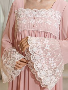 Yasmyna Women's Lace Patchwork Ruffle Casual Party Outing Arabic Style Dress - Pink - View 7