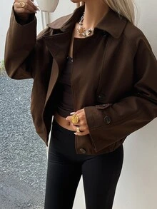 Livesso 女款秋季休閒通勤風衣外套 - 棕色 - 查看 3