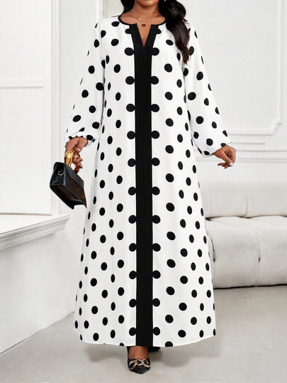 SHEIN Lady Plus Size Women's All White Print Notch V-Neck Long Sleeve Loose Fit Dress Brunch Party Autumn 1920 Vintage Elegant