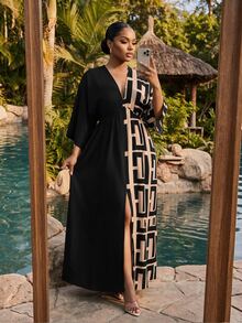 SHEIN Lady Plus Size Vacation Geometric Print Colorblock Dress - Multicolor - View 5