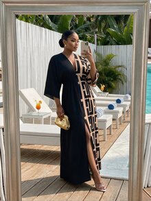 SHEIN Lady Plus Size Vacation Geometric Print Colorblock Dress - Multicolor - View 3