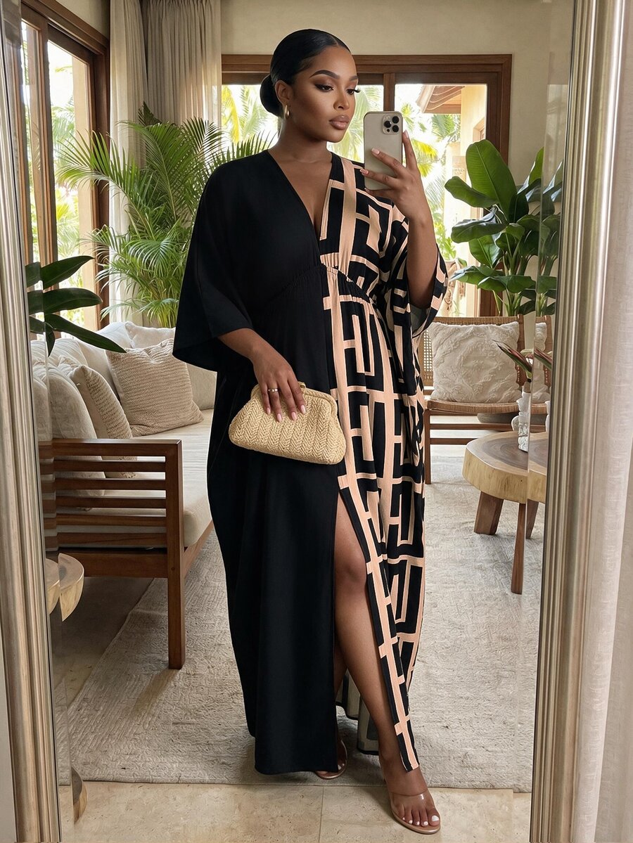 SHEIN Lady Plus Size Vacation Geometric Print Colorblock Dress - Multicolor - View 1