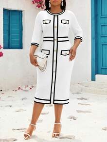 SHEIN Lady CURVE Plus Size Women's Colorblock Casual Daily Summer Travel Dress - Black and White - View 4