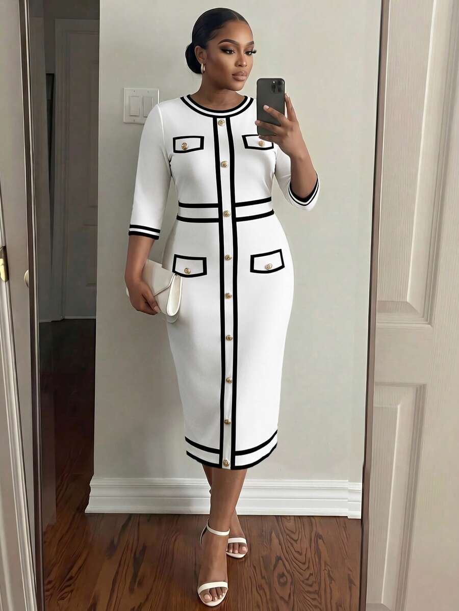 SHEIN Lady CURVE Plus Size Women's Colorblock Casual Daily Summer Travel Dress - Black and White - View 1
