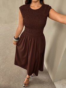 Auralis Plus Size Vintage Pleated Waist Elegant Dress - Brown - View 7