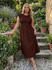 Auralis Plus Size Vintage Pleated Waist Elegant Dress - Brown - View 2