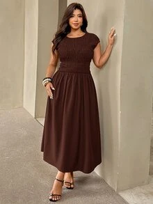 Auralis Plus Size Vintage Pleated Waist Elegant Dress - Brown - View 6