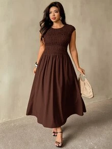 Auralis Plus Size Vintage Pleated Waist Elegant Dress - Brown - View 5