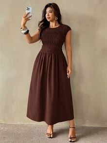 Auralis Plus Size Vintage Pleated Waist Elegant Dress - Brown - View 1