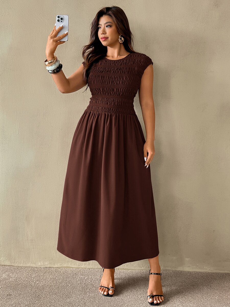 Auralis Plus Size Vintage Pleated Waist Elegant Dress - Brown - View 1