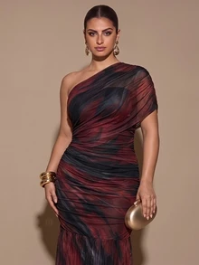 SHEIN BAE CURVE Đầm size lớn lệch vai nhún bèo gấu váy - Nhiều màu - Xem 4
