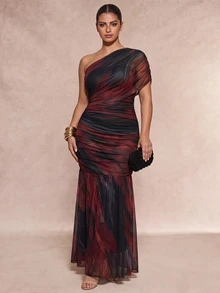 SHEIN BAE CURVE Đầm size lớn lệch vai nhún bèo gấu váy - Nhiều màu - Xem 1