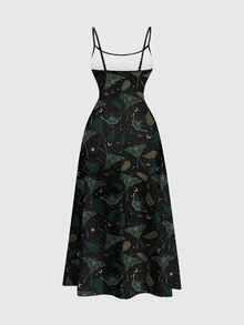 ROMWE Grunge Punk Dark Punk Hippie Butterfly Moon Sun Star Moth Print Spaghetti Strap Plus Size Dress - Black - View 2