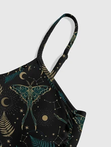 ROMWE Grunge Punk Dark Punk Hippie Butterfly Moon Sun Star Moth Print Spaghetti Strap Plus Size Dress - Black - View 3