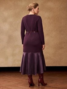 MOTF PREMIUM PLUS SIZE AUTUMN/WINTER SATIN PATCHWORK LONG SLEEVE FISHTAIL DRESS - Purple - View 6