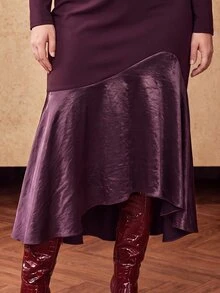MOTF PREMIUM PLUS SIZE AUTUMN/WINTER SATIN PATCHWORK LONG SLEEVE FISHTAIL DRESS - Purple - View 2