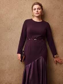 MOTF PREMIUM PLUS SIZE AUTUMN/WINTER SATIN PATCHWORK LONG SLEEVE FISHTAIL DRESS - Purple - View 3