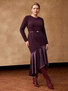 MOTF PREMIUM PLUS SIZE AUTUMN/WINTER SATIN PATCHWORK LONG SLEEVE FISHTAIL DRESS - Purple - View 4
