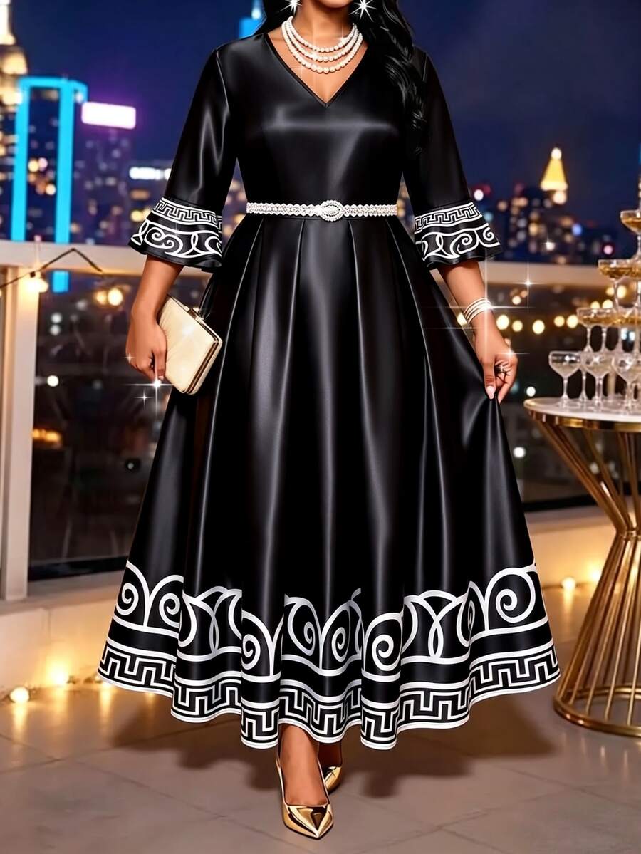 SHEIN Lady 大尺碼女款V領拼色休閒派對洋裝 - 黑與白 - 查看 1