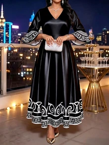 SHEIN Lady 大尺碼女款V領拼色休閒派對洋裝 - 黑與白 - 查看 6