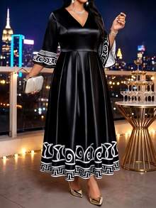 SHEIN Lady 大尺碼女款V領拼色休閒派對洋裝 - 黑與白 - 查看 5