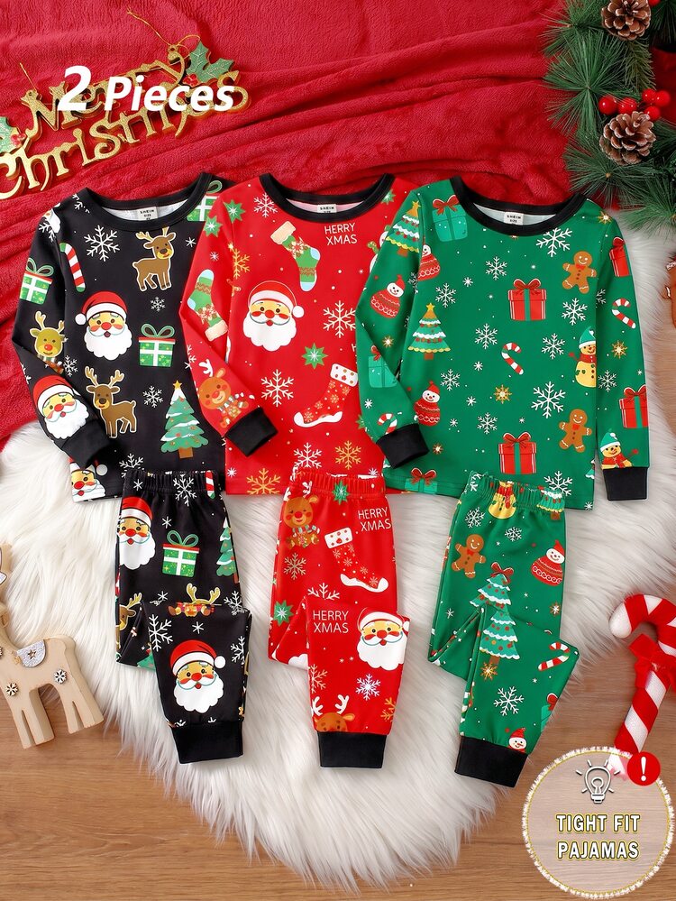 Christmas Holiday Cute Cartoon Style Gingerbread Man Christmas Tree Santa Claus Pattern Printed Red UV Shines Glowing Green Black Color Combination Knit Fabric Soft Skin-Friendly Elastic Tight Fit Round Neck Long Sleeve Long Pants Spring Autumn Winter 2-Piece Set Loungewear Pajamas - Multicolor - View 2
