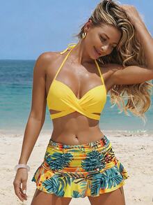 Swim Lushoire Summer Beach Plant Print Wrap Halter Skort Bikini - Multicolor - View 3