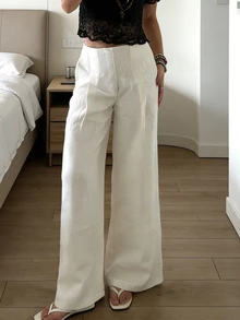 Jade & Ember Women's Casual Solid Color Pleated Wide Leg Zip-Up Pants - White - View 3