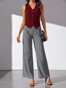 SHEIN Tall 純色鈕扣前襟背心西裝外套 夏季商務辦公酒紅色休閒商務專業風 - 酒紅色 - 查看 4