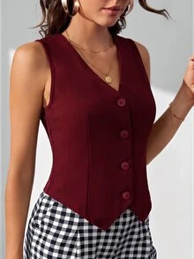 SHEIN Tall 純色鈕扣前襟背心西裝外套 夏季商務辦公酒紅色休閒商務專業風 - 酒紅色 - 查看 3