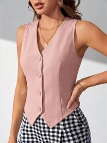 SHEIN Tall 秋冬款純色鈕扣前襟背心西裝外套 - 粉色 - 查看 5