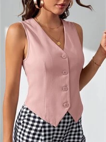 SHEIN Tall 秋冬款純色鈕扣前襟背心西裝外套 - 粉色 - 查看 3