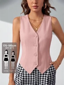 SHEIN Tall 秋冬款純色鈕扣前襟背心西裝外套 - 粉色 - 查看 1