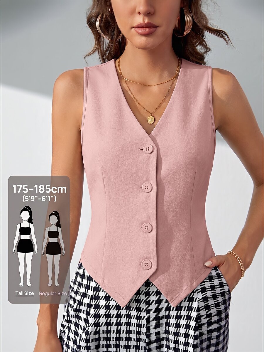 SHEIN Tall 秋冬款純色鈕扣前襟背心西裝外套 - 粉色 - 查看 1