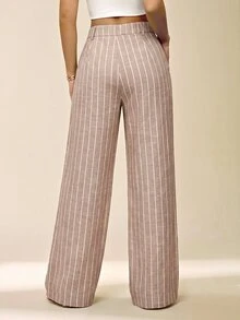 SHEIN PETITE 女款休閒通勤條紋直筒西裝長褲 - 摩卡棕 - 查看 2