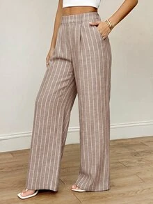 SHEIN PETITE 女款休閒通勤條紋直筒西裝長褲 - 摩卡棕 - 查看 3