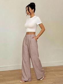 SHEIN PETITE 女款休閒通勤條紋直筒西裝長褲 - 摩卡棕 - 查看 7