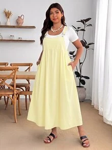 Enliva Plus Size Loose Black Strap Dress - Light Yellow - View 4