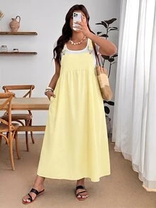Enliva Plus Size Loose Black Strap Dress - Light Yellow - View 3