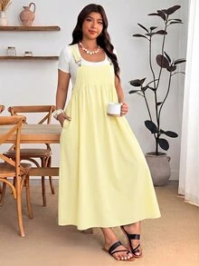 Enliva Plus Size Loose Black Strap Dress - Light Yellow - View 6