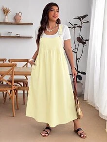 Enliva Plus Size Loose Black Strap Dress - Light Yellow - View 5