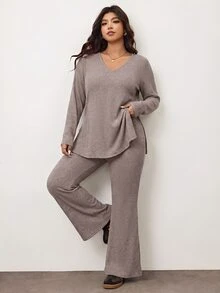 Enliva Plus Size Casual Home Wear 2 Pieces Set: Minimalist Off-Shoulder Ribbed Design, Suitable For Autumn/Winter, Flattering For Curvy Figures Fall - Baby Pink - View 4