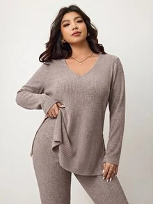 Enliva Plus Size Casual Home Wear 2 Pieces Set: Minimalist Off-Shoulder Ribbed Design, Suitable For Autumn/Winter, Flattering For Curvy Figures Fall - Baby Pink - View 5