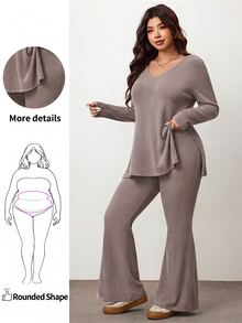 Enliva Plus Size Casual Home Wear 2 Pieces Set: Minimalist Off-Shoulder Ribbed Design, Suitable For Autumn/Winter, Flattering For Curvy Figures Fall - Baby Pink - View 1