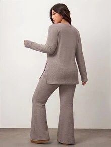 Enliva Plus Size Casual Home Wear 2 Pieces Set: Minimalist Off-Shoulder Ribbed Design, Suitable For Autumn/Winter, Flattering For Curvy Figures Fall - Baby Pink - View 2