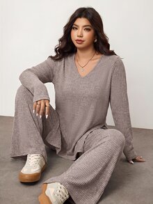 Enliva Plus Size Casual Home Wear 2 Pieces Set: Minimalist Off-Shoulder Ribbed Design, Suitable For Autumn/Winter, Flattering For Curvy Figures Fall - Baby Pink - View 3