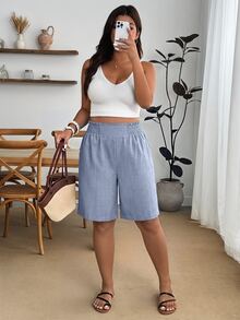 Enliva Plus Size Elastic Waist Woven Casual Six-Point Shorts - Dusty Blue - View 2